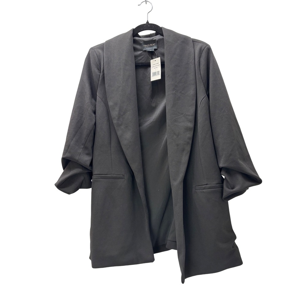 Dakota Blue Black Crepe Blazer Ruched 3/4 Sleeve Shawl Collar Open Front NWT L